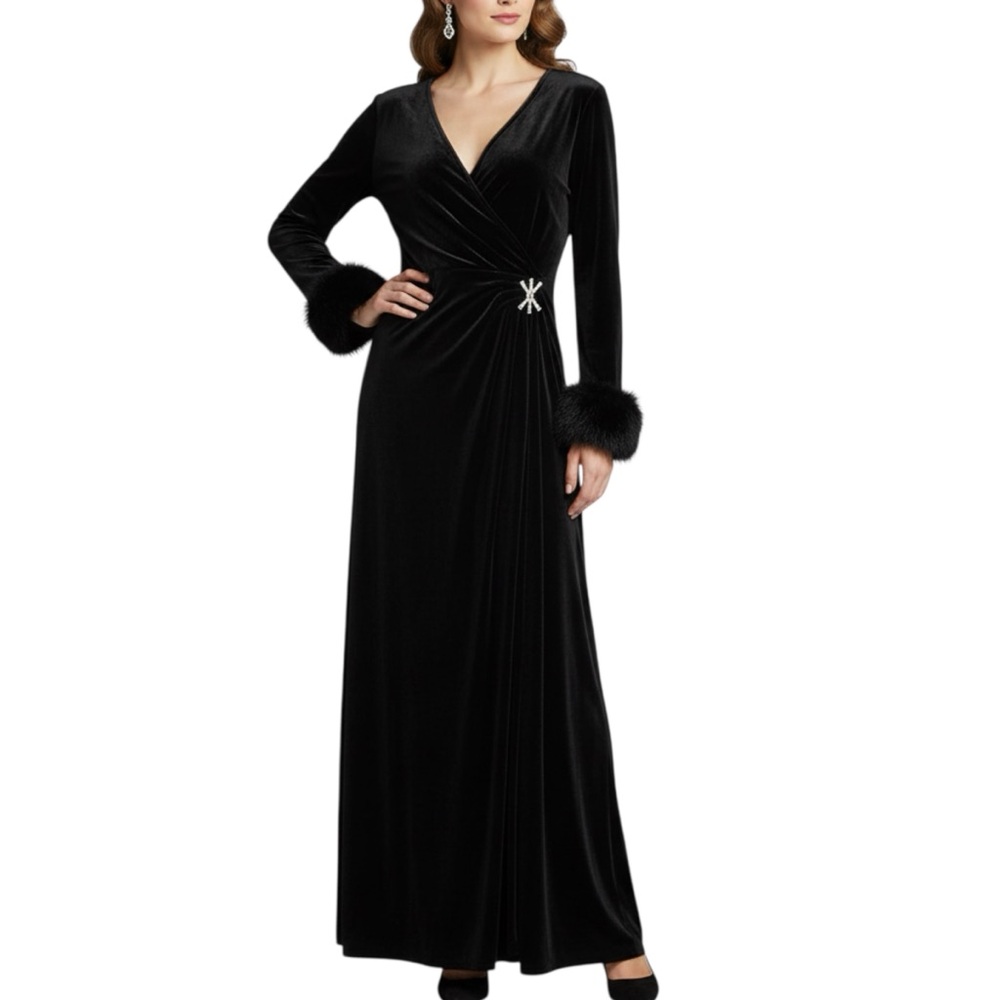 Vintage Joseph Ribkoff Black Velvet Faux Fur Cuffs Rhinestone Accent Gown Large